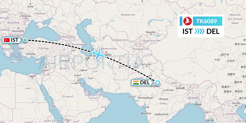 TK6089 Turkish Airlines Flight Map: Istanbul to Delhi