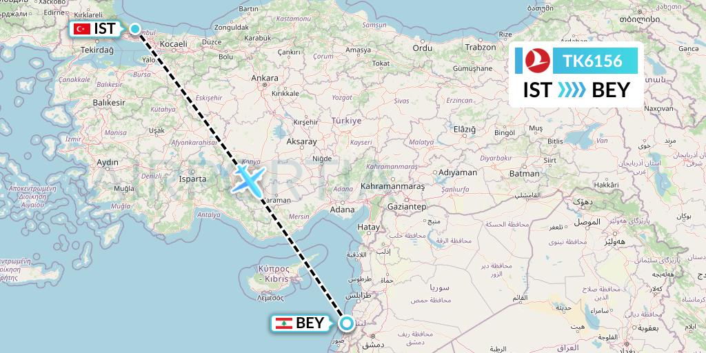 TK6156 Turkish Airlines Flight Map: Istanbul to Beirut