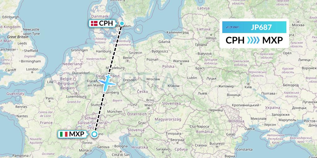 JP687 Adria Airways Flight Map: Copenhagen to Milan