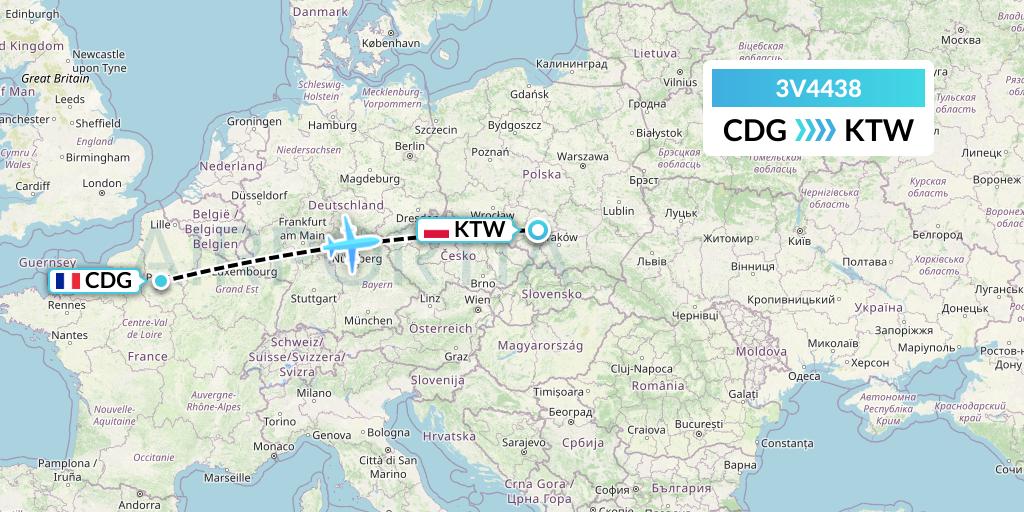 3V4438 ASL Airlines Belgium Flight Map: Paris to Katowice