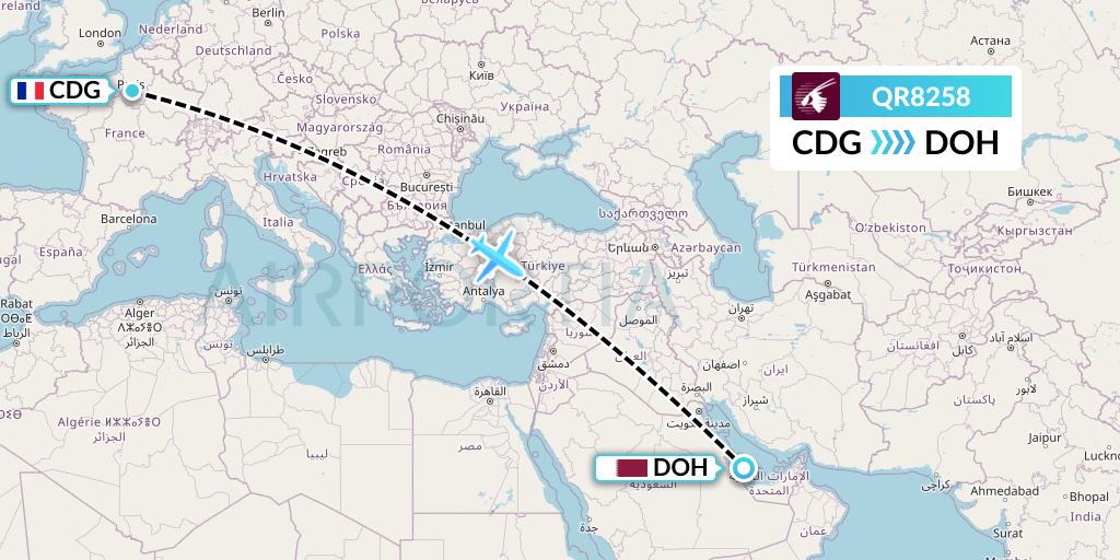 QR8258 Qatar Airways Flight Map: Paris to Doha