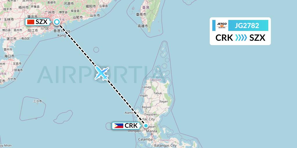 JG2782 JetGo Australia Flight Map: Angeles City to Shenzhen