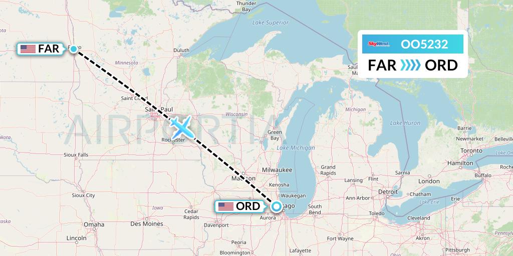 OO5232 SkyWest Airlines Flight Map: Fargo to Chicago