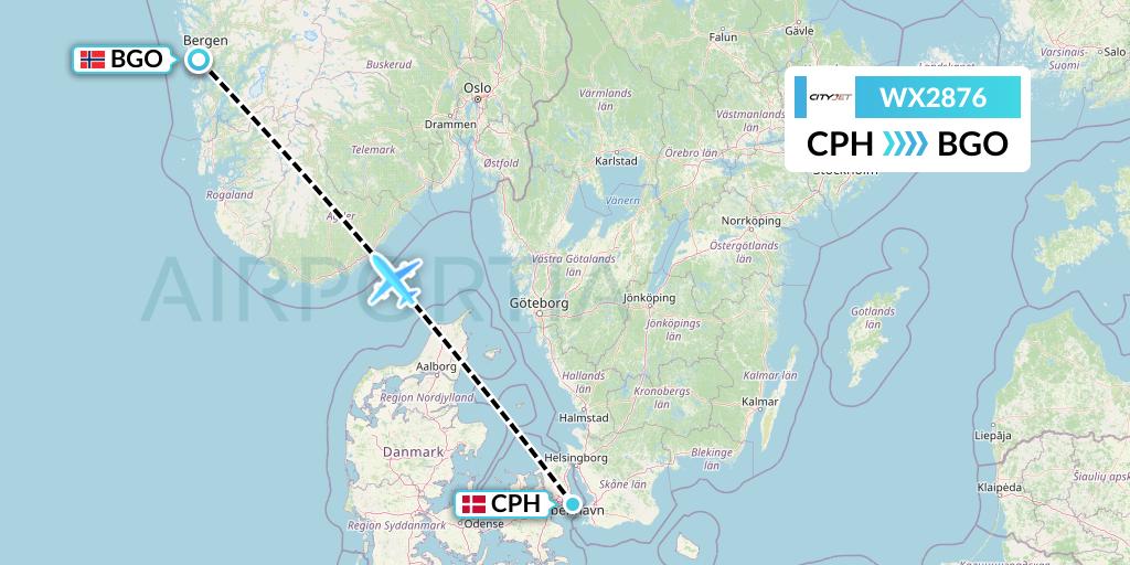 WX2876 Cityjet Flight Map: Copenhagen to Bergen