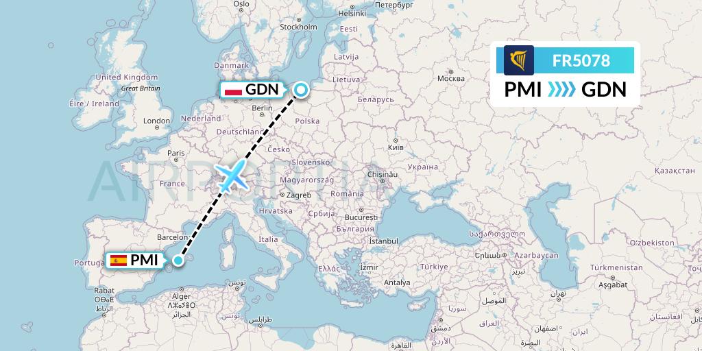 FR5078 Ryanair Flight Map: Palma de Mallorca to Gdansk