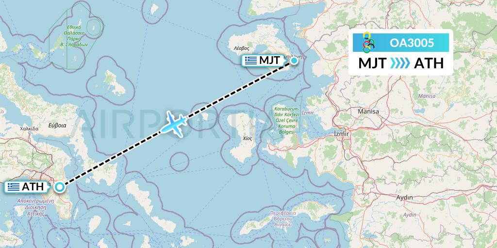 OA3005 Olympic Air Flight Map: Mytilene to Athens