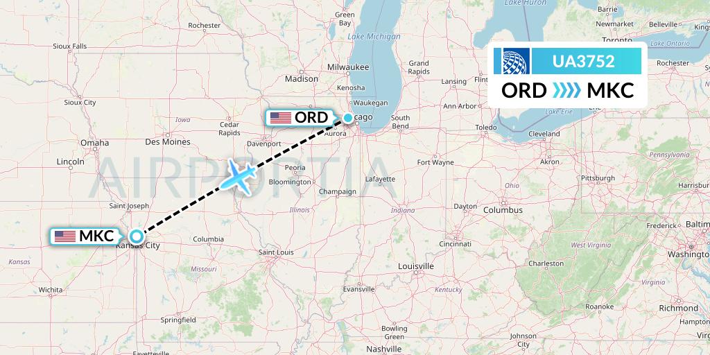 UA3752 United Airlines Flight Map: Chicago to Kansas City
