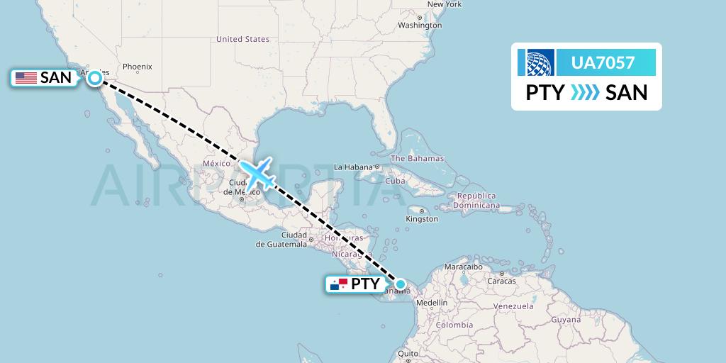 UA7057 United Airlines Flight Map: Panama City to San Diego