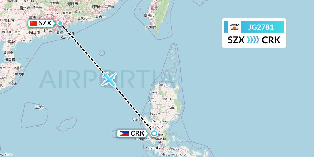 JG2781 JetGo Australia Flight Map: Shenzhen to Angeles City