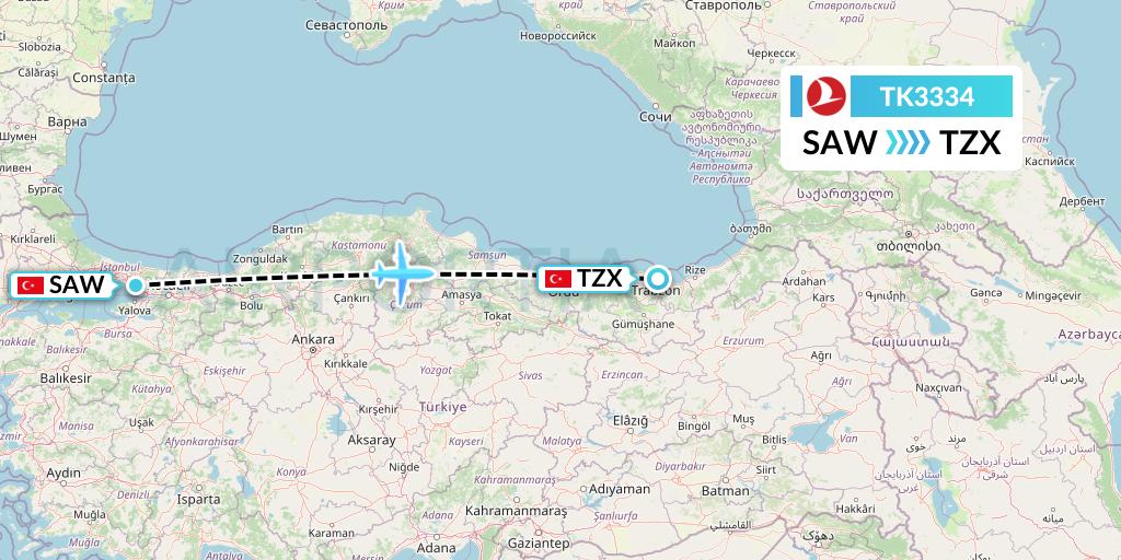 TK3334 Turkish Airlines Flight Map: Istanbul to Trabzon