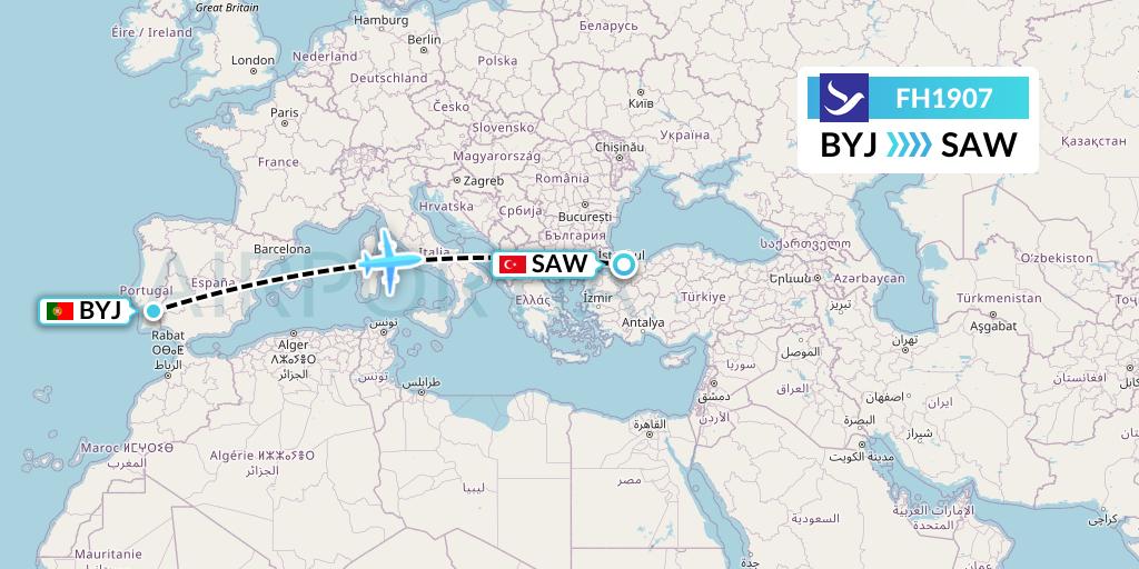 FH1907 Freebird Airlines Flight Map: Beja to Istanbul