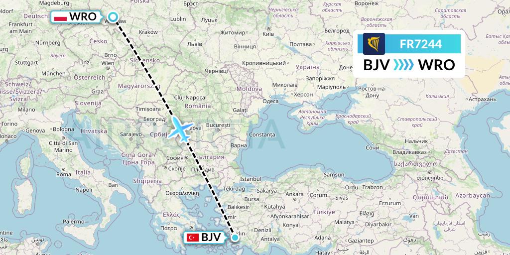 FR7244 Ryanair Flight Map: Bodrum to Wroclaw