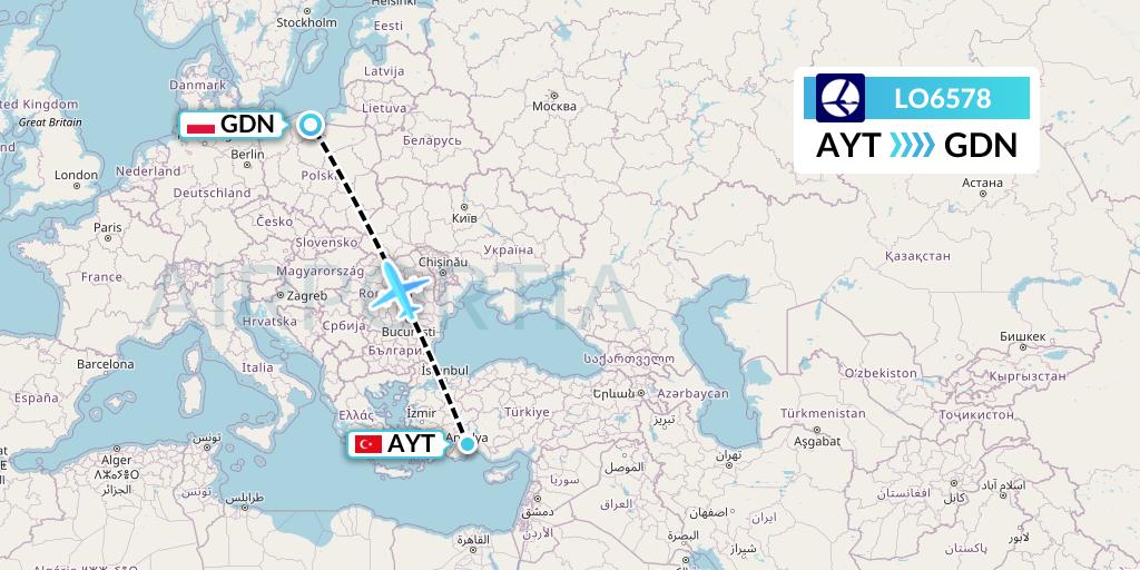 LO6578 LOT Flight Map: Antalya to Gdansk