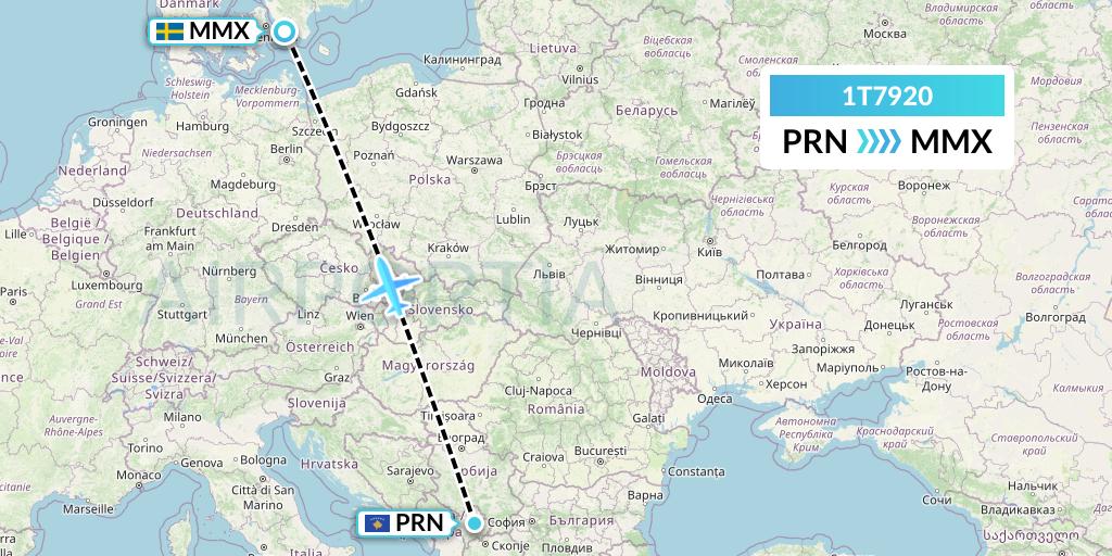 1T7920 Russian Sky Flight Map: Pristina to Malmo