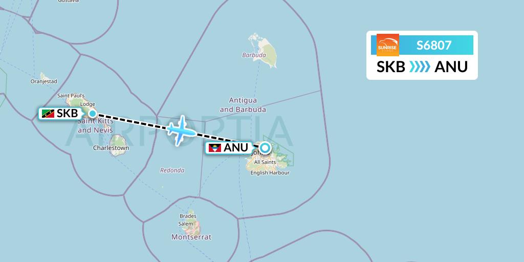 S6807 Sunrise Airways Flight Map: Basseterre to Antigua