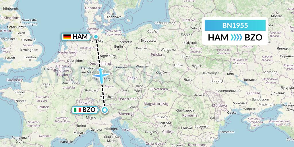 BN1955 Forward Air International Airlines Flight Map: Hamburg to Bolzano