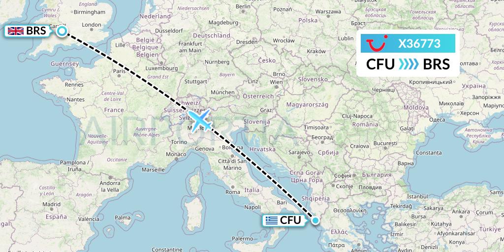 X36773 TUI fly Germany Flight Map: Corfu to Bristol