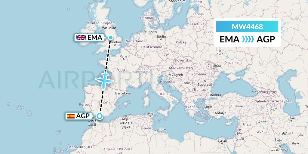 MW4468 Mokulele Flight Service Flight Map: East Midlands to Malaga