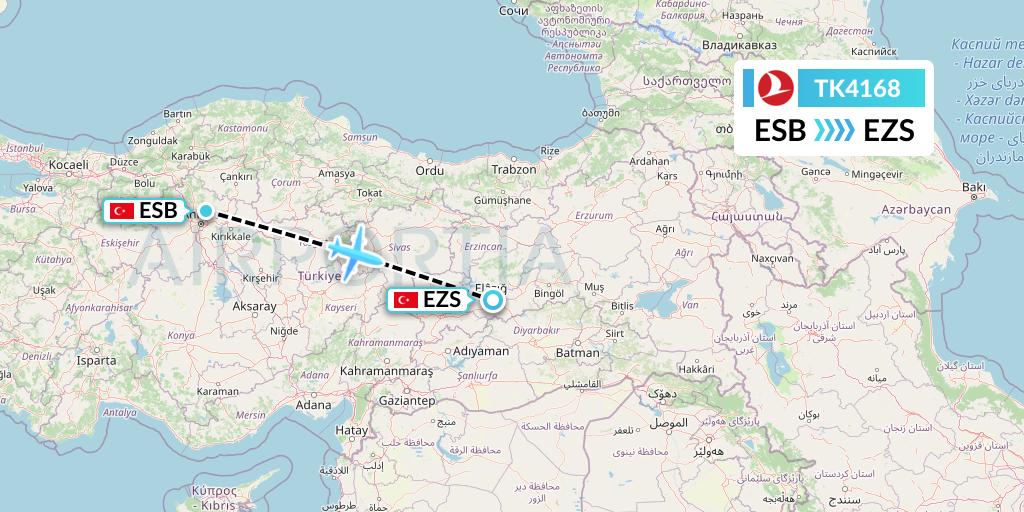 TK4168 Turkish Airlines Flight Map: Ankara to Elazig