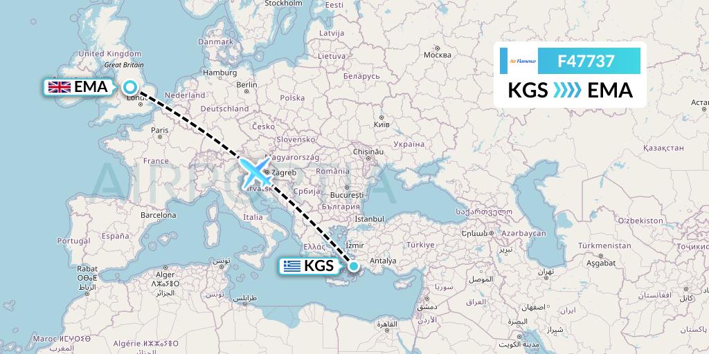 F47737 Air Flamenco Flight Map: Kos to East Midlands