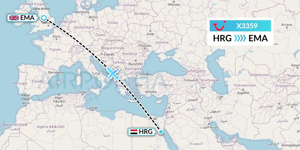X3359 TUI fly Germany Flight Map: Hurghada to East Midlands