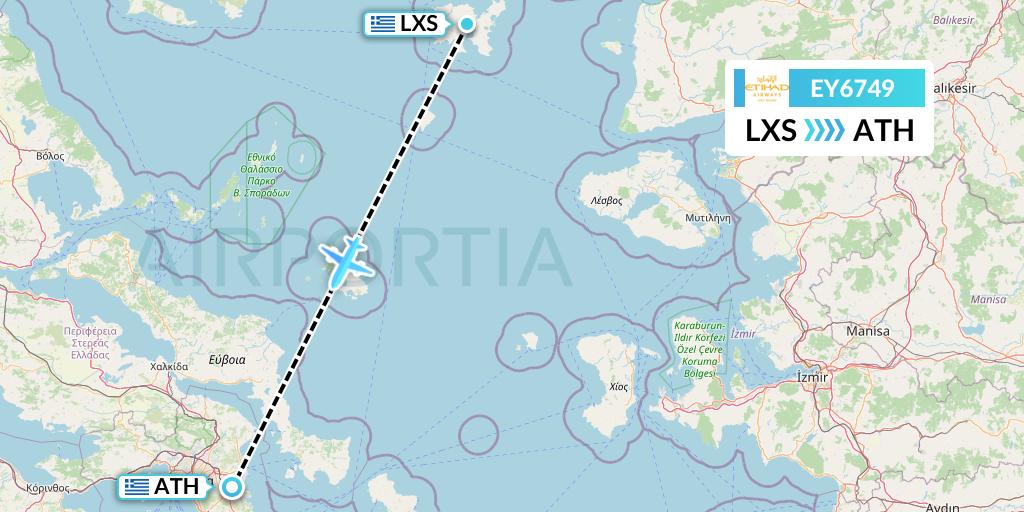 EY6749 Etihad Airways Flight Map: Lemnos to Athens