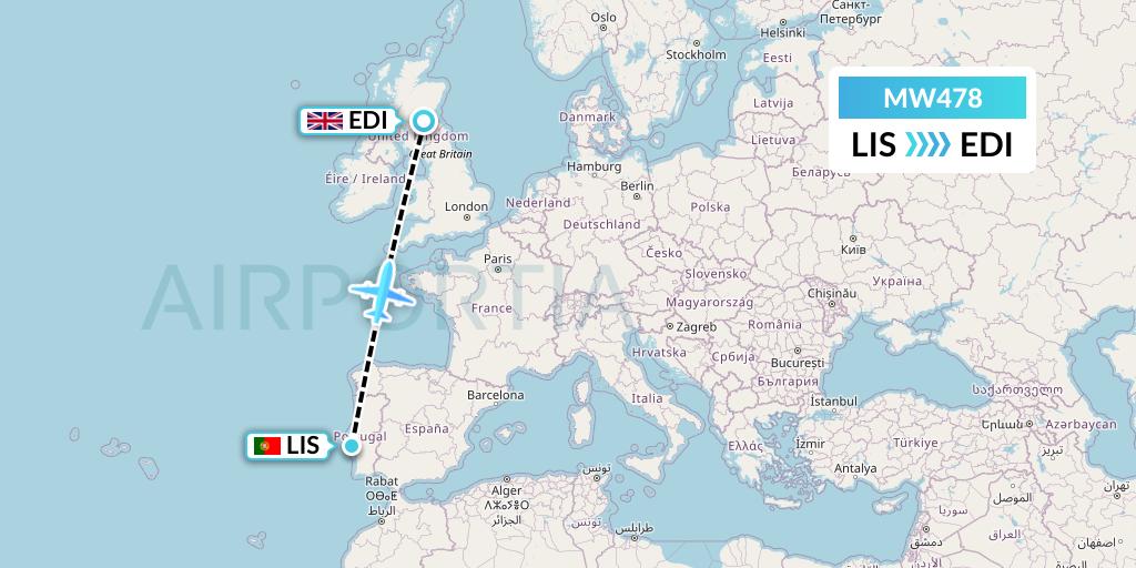 MW478 Mokulele Flight Service Flight Map: Lisbon to Edinburgh