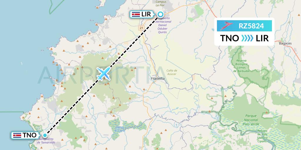 RZ5824 Sansa Airlines Flight Map: Santa Cruz to Liberia