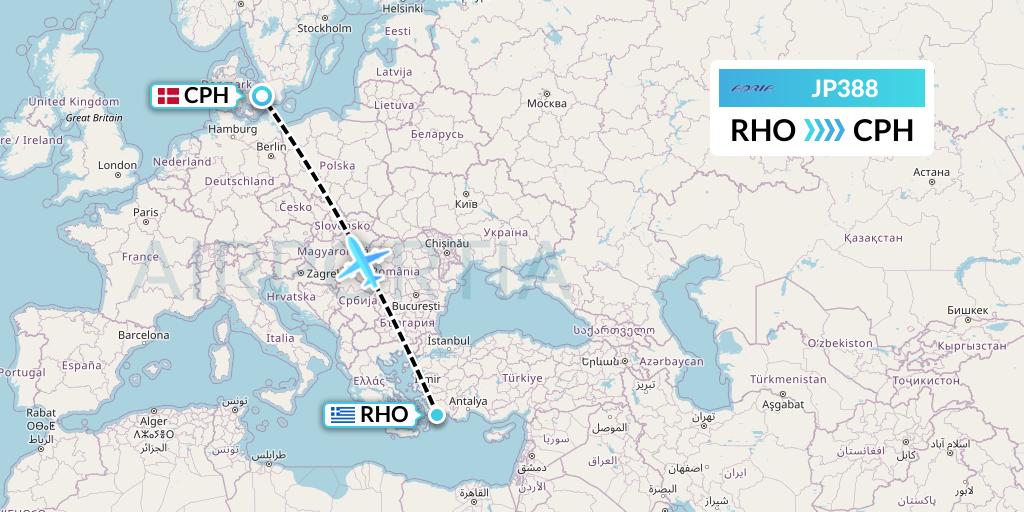 JP388 Adria Airways Flight Map: Rhodes to Copenhagen