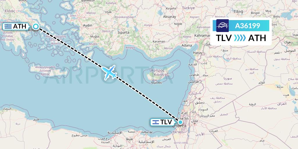 A36199 Aegean Airlines Flight Map: Tel Aviv to Athens