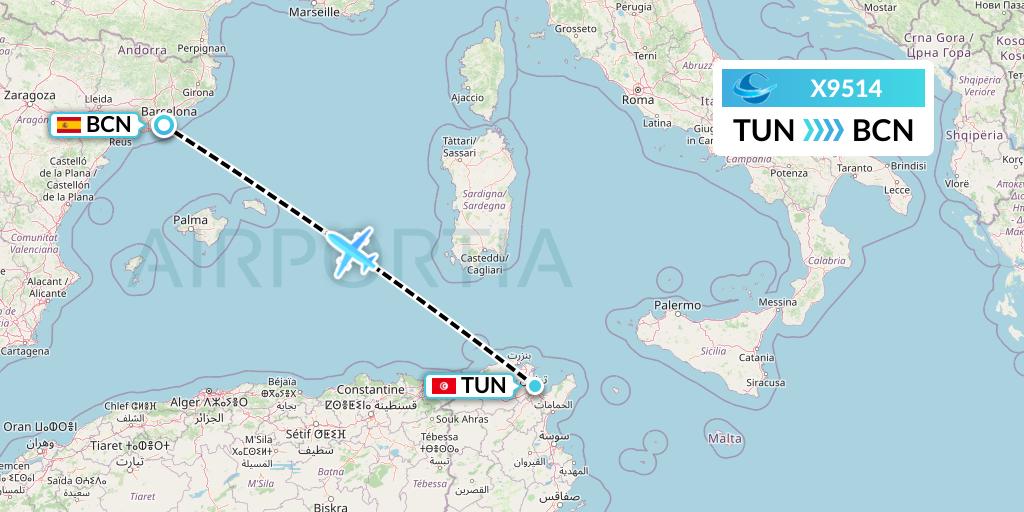 X9514 Avion Express Flight Map: Tunis to Barcelona