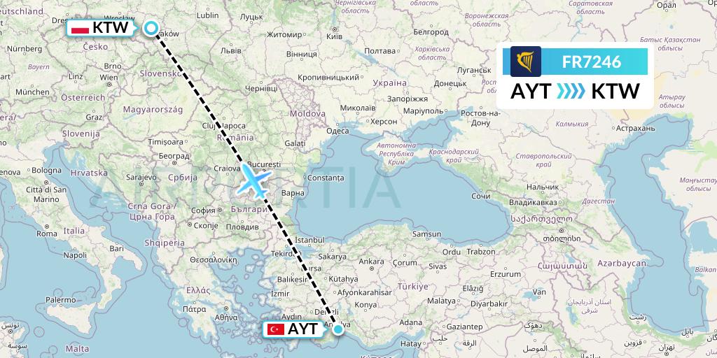 FR7246 Ryanair Flight Map: Antalya to Katowice