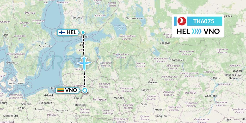 TK6075 Turkish Airlines Flight Map: Helsinki to Vilnius