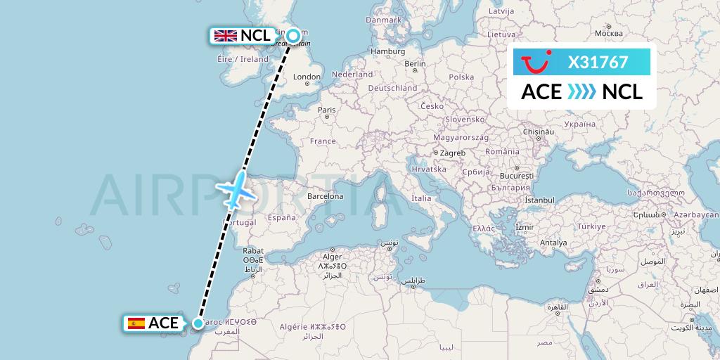 X31767 TUI fly Germany Flight Map: Lanzarote to Newcastle