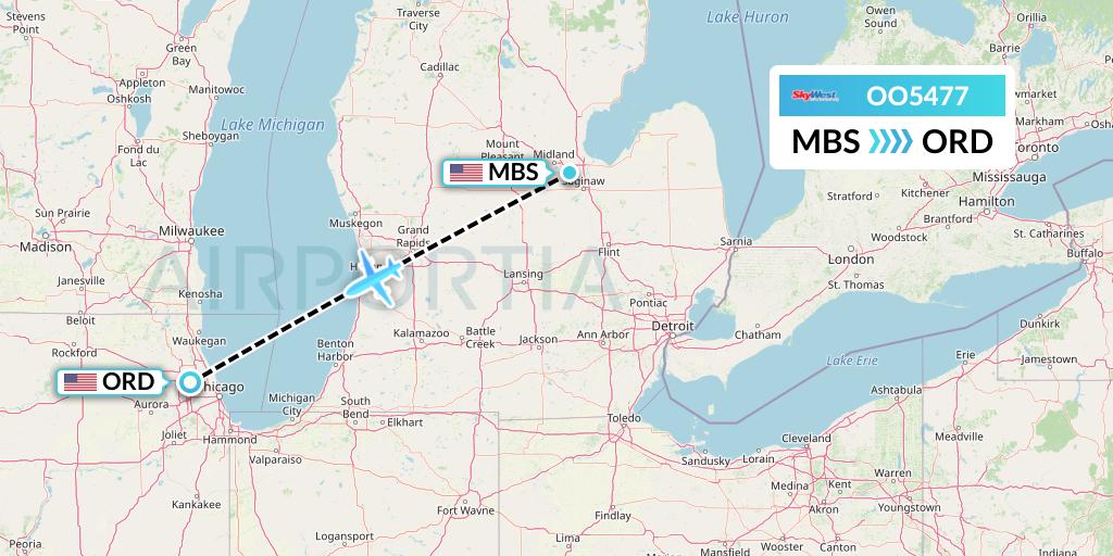 OO5477 SkyWest Airlines Flight Map: Saginaw to Chicago