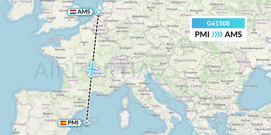 G61508 Fly Arna Flight Map: Palma de Mallorca to Amsterdam