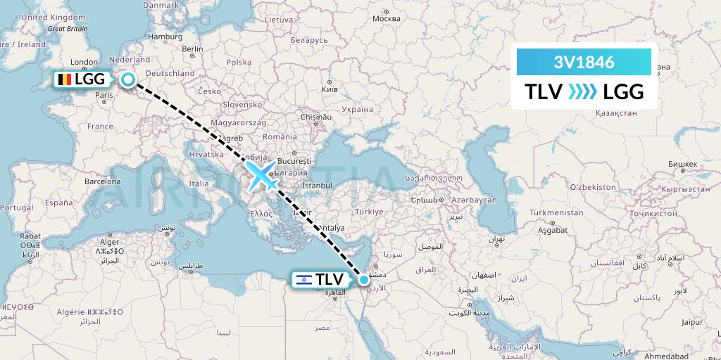 3V1846 ASL Airlines Belgium Flight Map: Tel Aviv to Liege