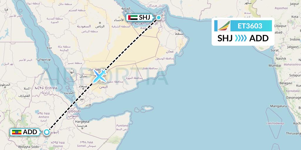ET3603 Ethiopian Airlines Flight Map: Sharjah to Addis Ababa