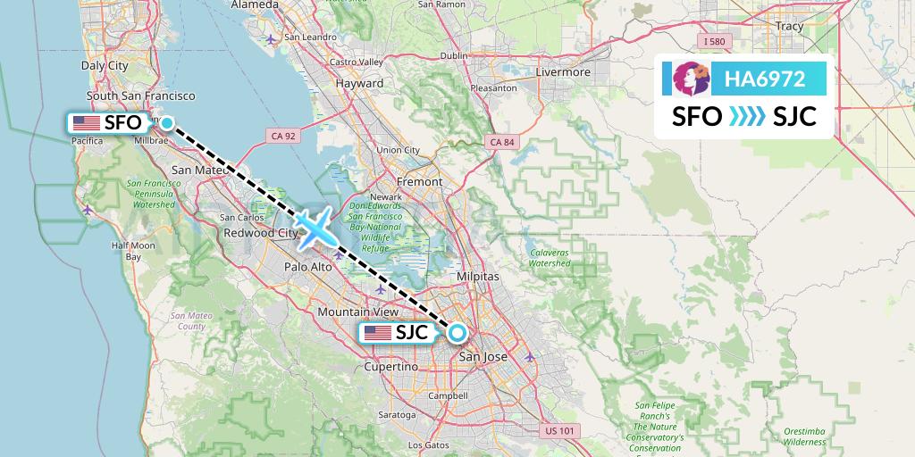 HA6972 Hawaiian Airlines Flight Map: San Francisco to San Jose