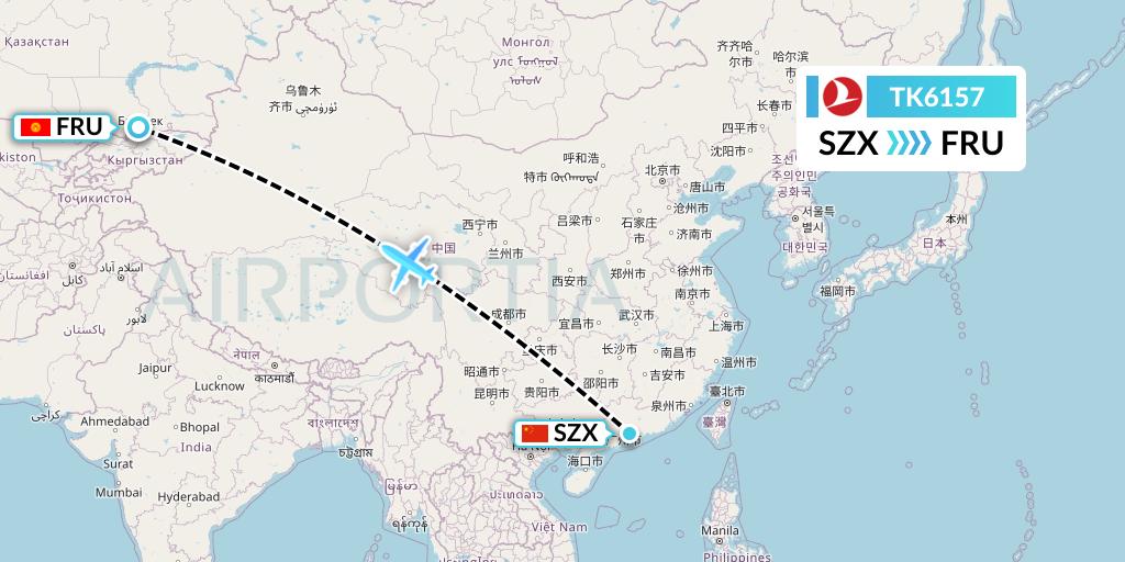 TK6157 Turkish Airlines Flight Map: Shenzhen to Bishkek