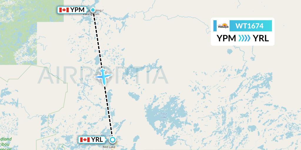 WT1674 Swiftair Flight Map: Pikangikum to Red Lake