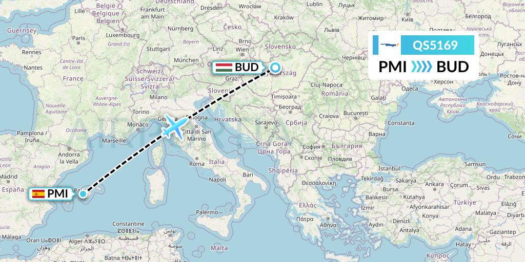 QS5169 Smartwings Flight Map: Palma de Mallorca to Budapest