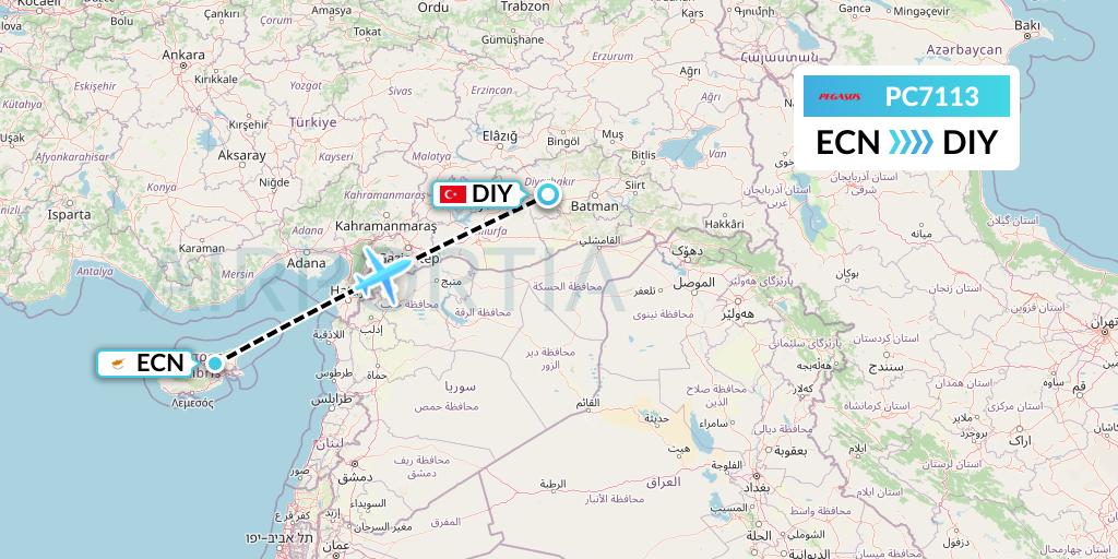 PC7113 Pegasus Airlines Flight Map: Tymvou to Diyarbakir