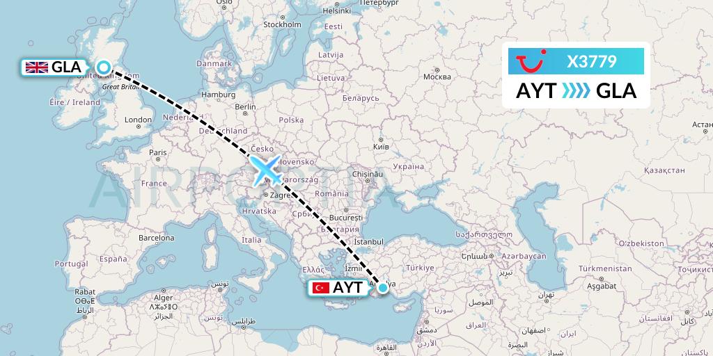 X3779 TUI fly Germany Flight Map: Antalya to Glasgow