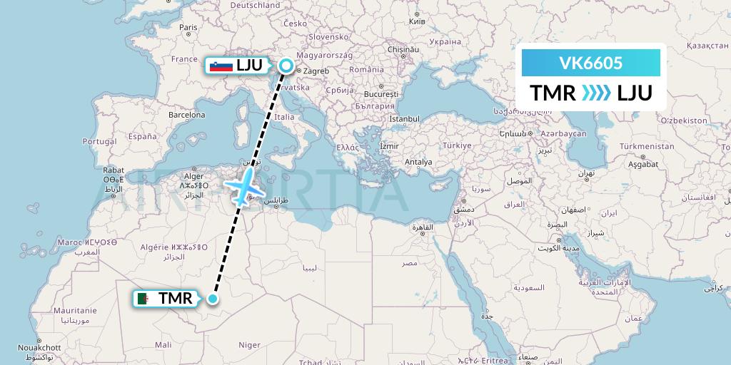 VK6605 Valuejet Flight Map: Tamanrasset to Ljubljana