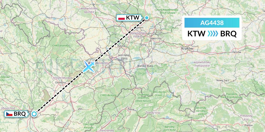 AG4438 Aruba Airlines Flight Map: Katowice to Brno
