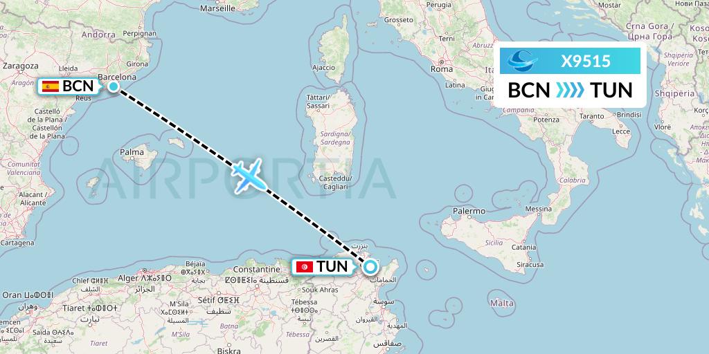 X9515 Avion Express Flight Map: Barcelona to Tunis