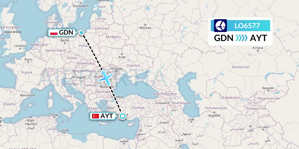 LO6577 LOT Flight Map: Gdansk to Antalya