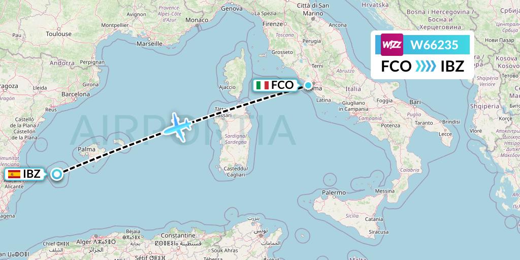 W66235 Wizz Air Flight Map: Rome to Ibiza