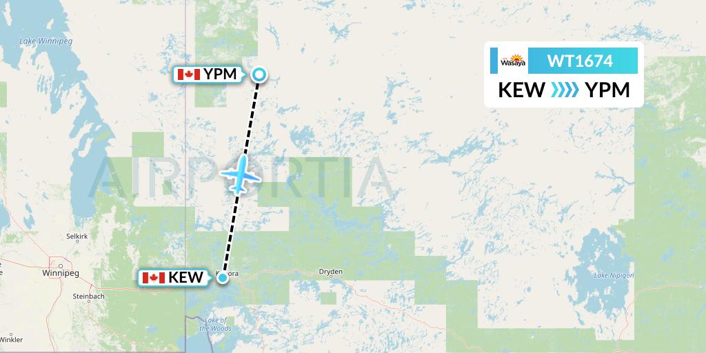 WT1674 Swiftair Flight Map: Keewaywin to Pikangikum
